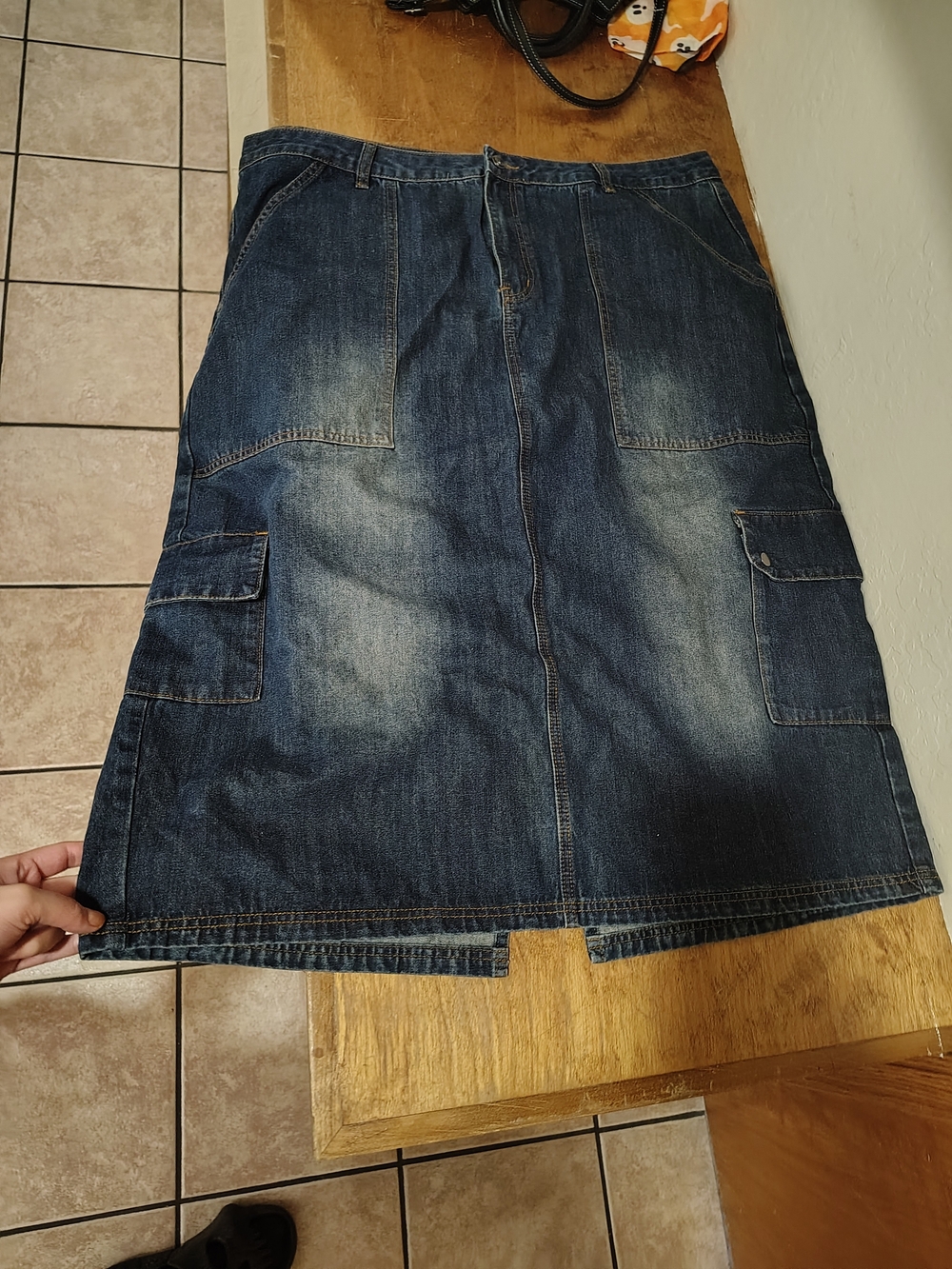 Denim Cargo Midi Skirt in Dark Blue
